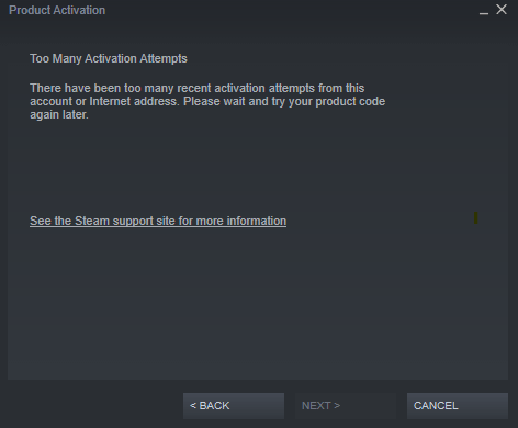 too many activation attempts steam