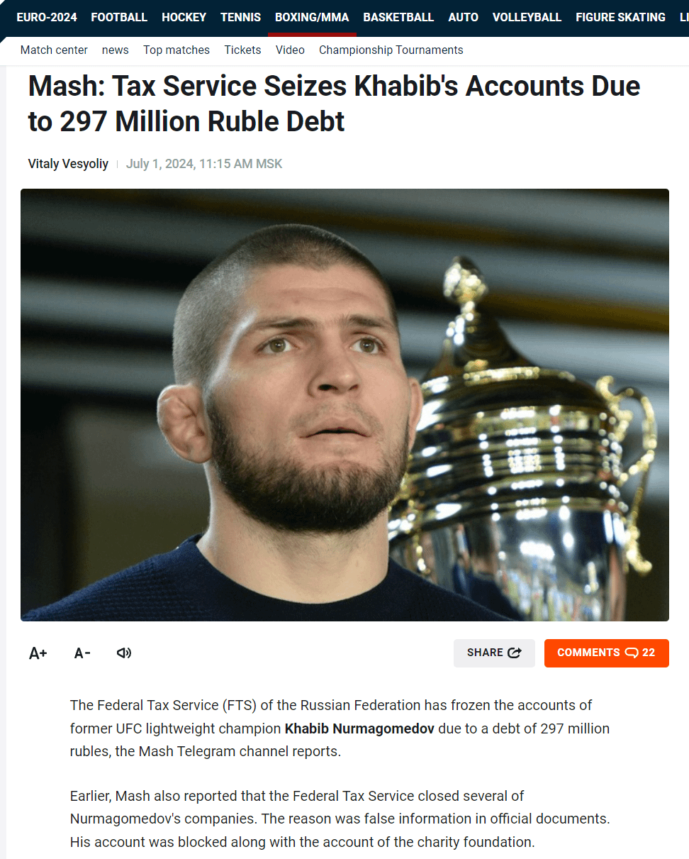 Khabib Nurmagomedov Pays Off $3.4 Million Tax Debt to Russian Authorities