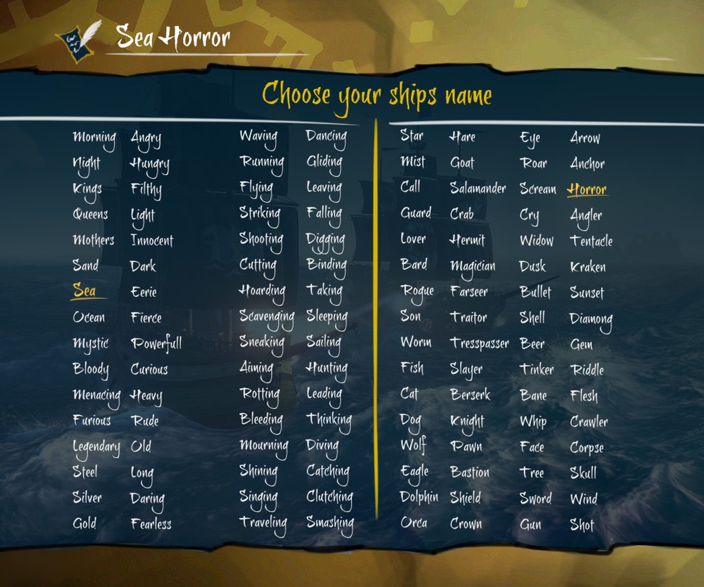 good ship names sea of thieves